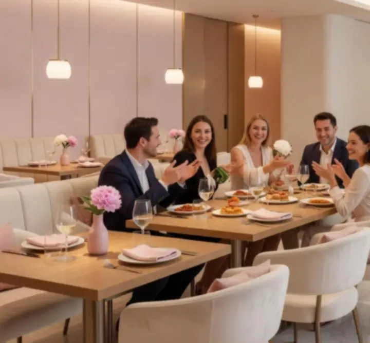 Elegáns rendezvényterem meleg fényekkel és barátságos társasági hangulattal az Offline Estekben.