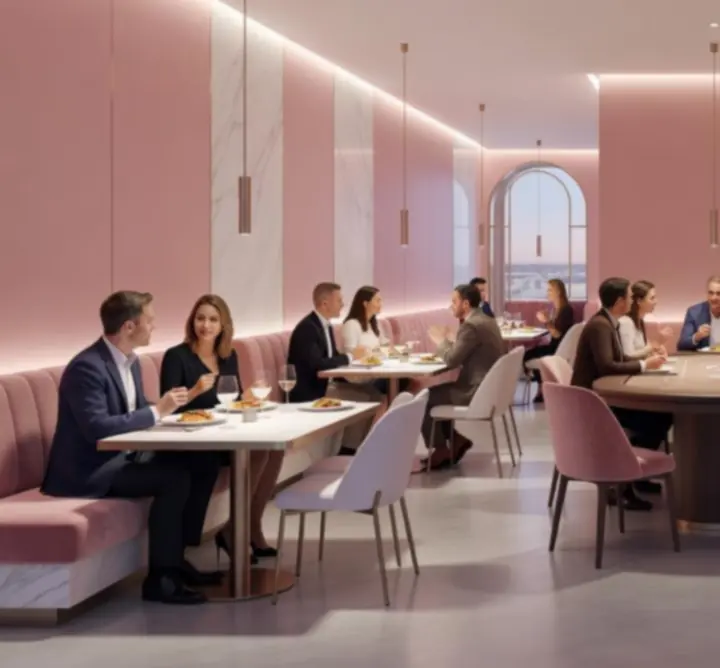 Elegáns budapesti étterem modern pókerasztallal és társasági vendégekkel