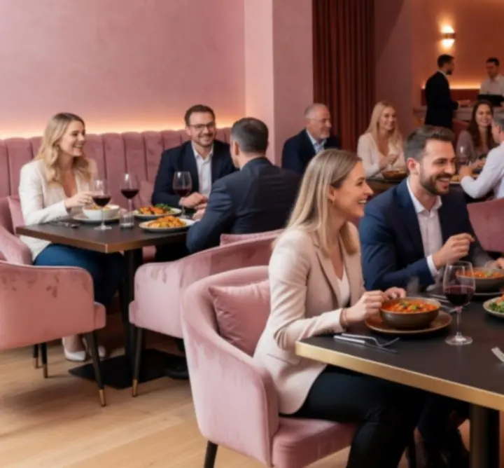 Elegáns lounge tér, ahol vendégek beszélgetnek és társaságban töltik az estét.