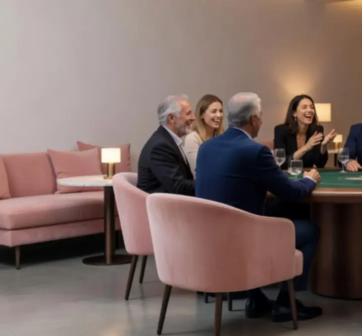 Vendégek egy elegáns, világos belső térben, társasági pókerest hangulatában